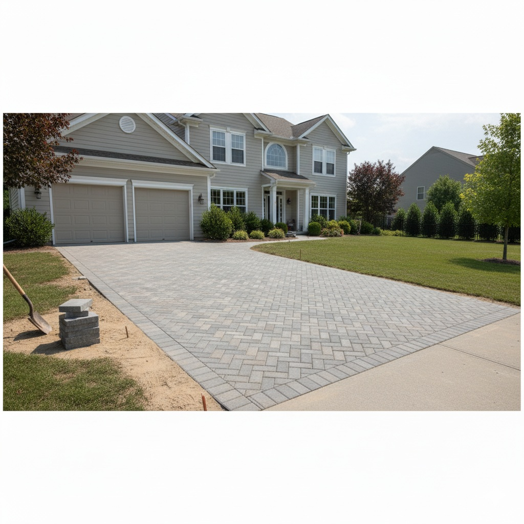 A clean and durable paver driveway for a Long Island home.