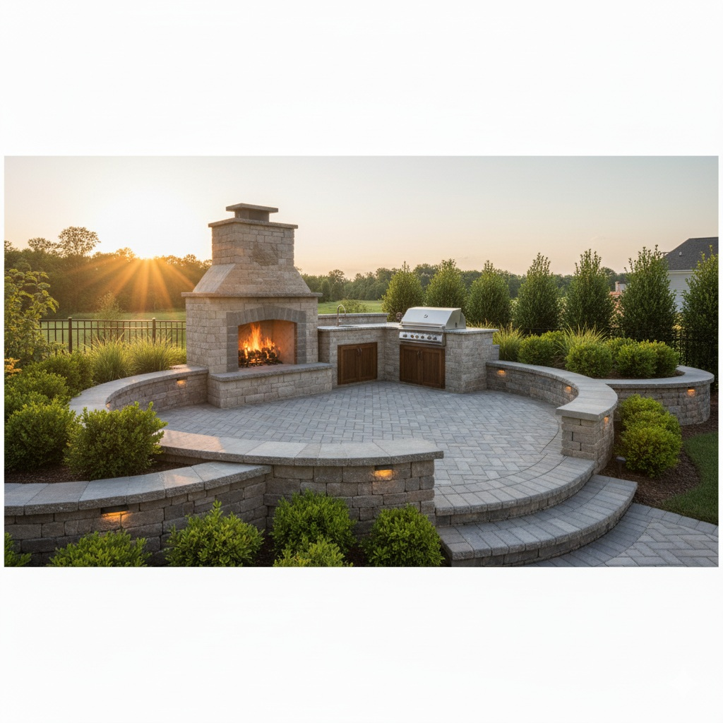 An outdoor living space featuring a stone fireplace and patio.