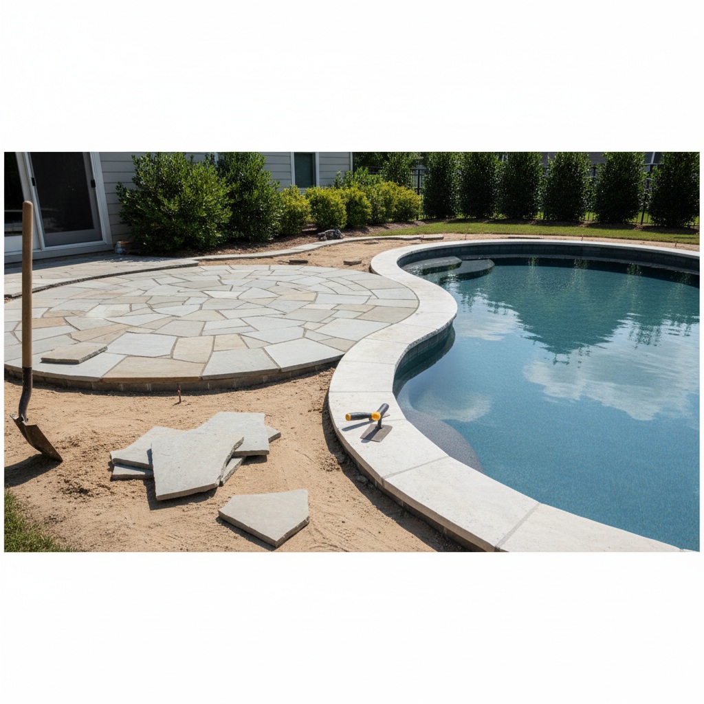 A custom paver patio surrounding a pool in Long Island.