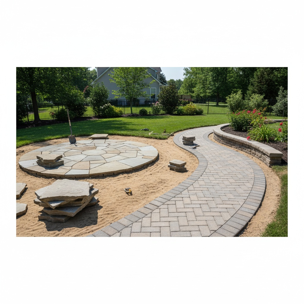 A circular stone paver patio installation in progress.