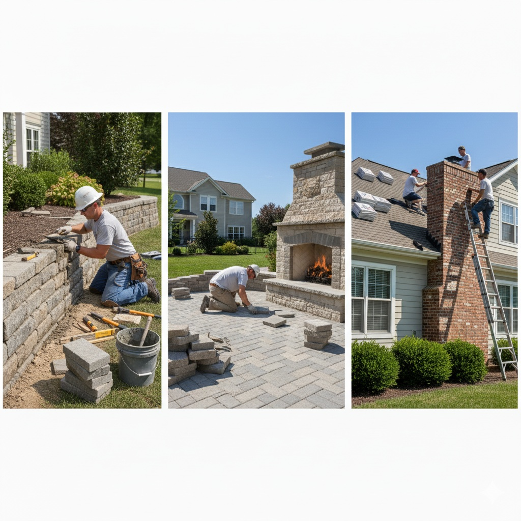 A mason performing masonry repair work on a chimney.