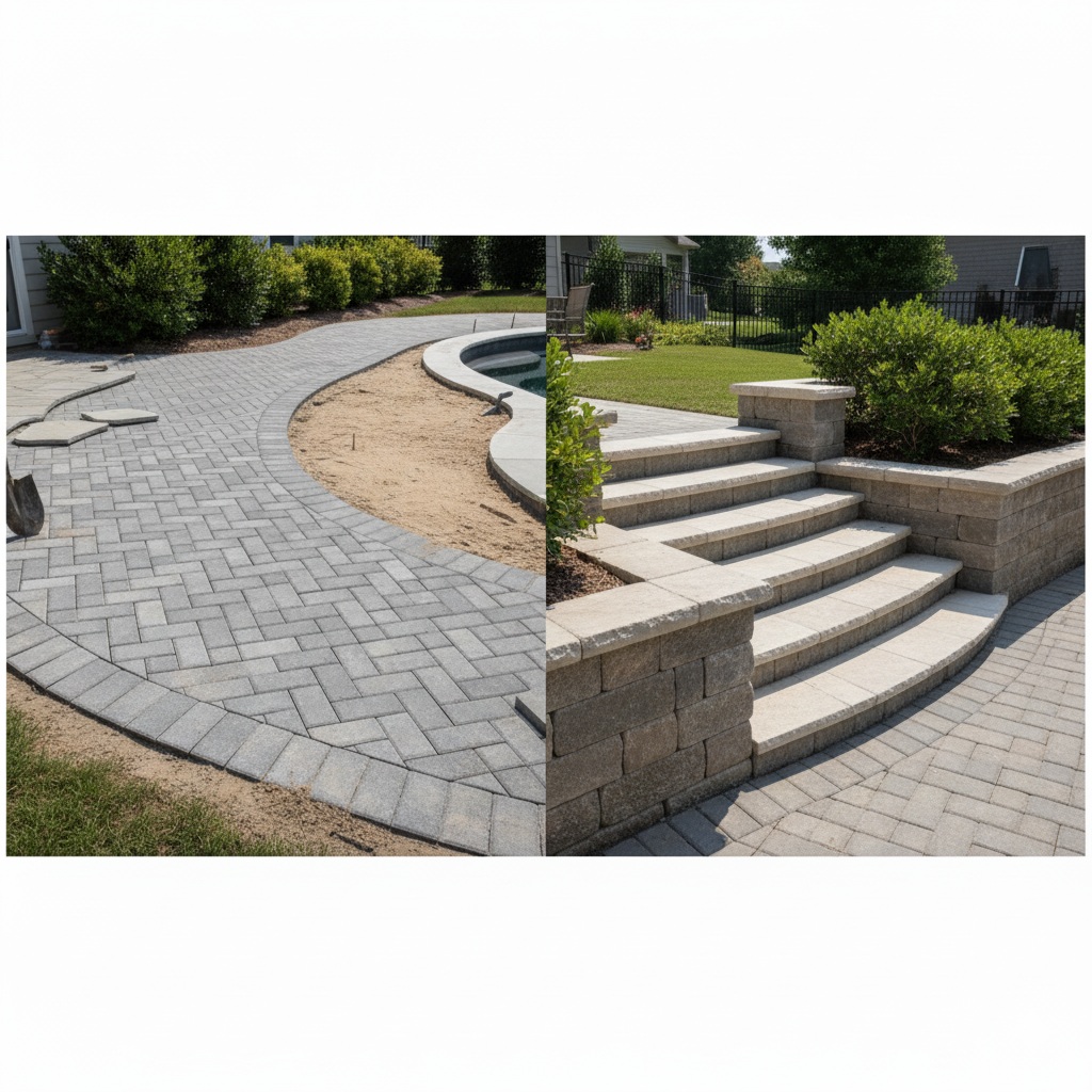 Curved paver walkway with integrated masonry steps.
